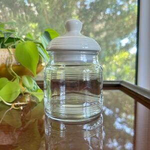Vintage Anchor Hocking Clear Glass Jar with White Ceramic Shaker Lid Made in USA
